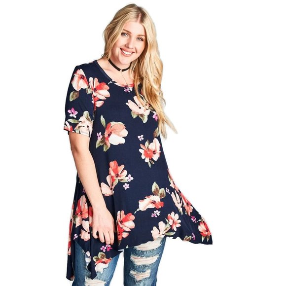 Oddi Tops - Oddi Floral Sharkbite Short Sleeve Tunic, Navy